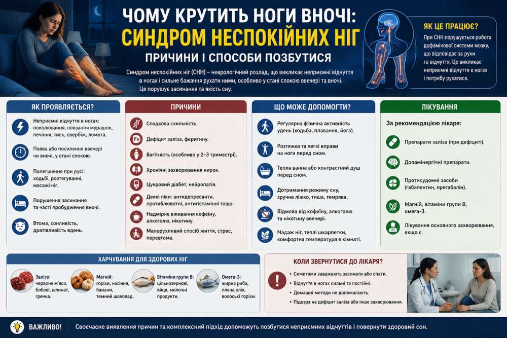 Інфографіка про синдром неспокійних ніг — причини, симптоми, методи лікування та поради щодо харчування