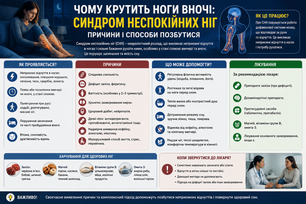 Інфографіка про синдром неспокійних ніг — причини, симптоми, методи лікування та поради щодо харчування