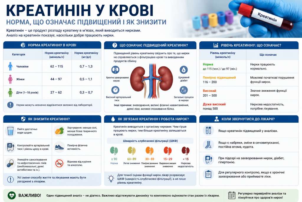 Інфографіка про рівень креатиніну в крові — норми для чоловіків, жінок і дітей, причини підвищення та рекомендації щодо зниження