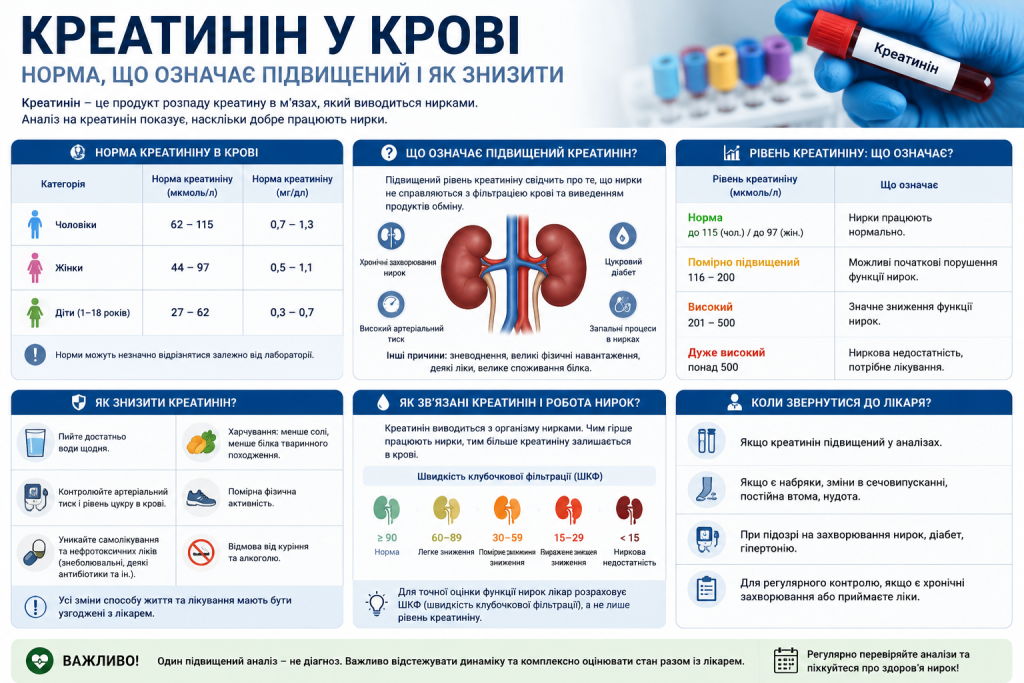 Інфографіка про рівень креатиніну в крові — норми для чоловіків, жінок і дітей, причини підвищення та рекомендації щодо зниження
