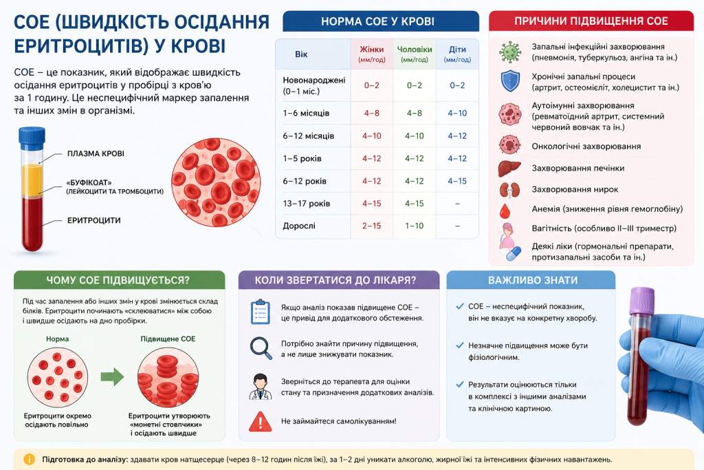 Інфографіка з поясненням показника ШОЕ, таблицею норм за віком та статтю і причинами підвищення швидкості осідання еритроцитів