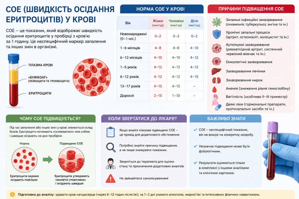 Інфографіка з поясненням показника ШОЕ, таблицею норм за віком та статтю і причинами підвищення швидкості осідання еритроцитів