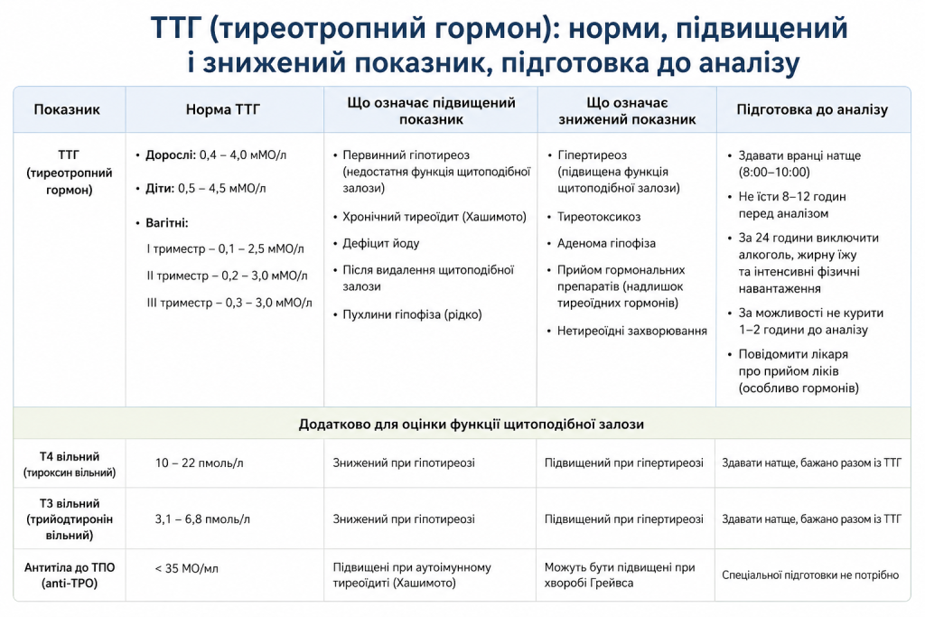 Таблиця з нормами тиреотропного гормону (ТТГ), значенням підвищеного та зниженого показника і правилами підготовки до аналізу