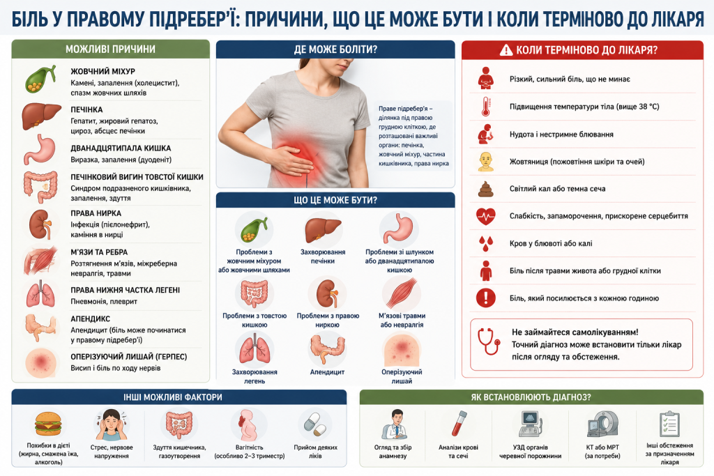 Інфографіка про біль у правому підребер'ї — можливі причини, органи що болять, тривожні симптоми та коли терміново звертатися до лікаря