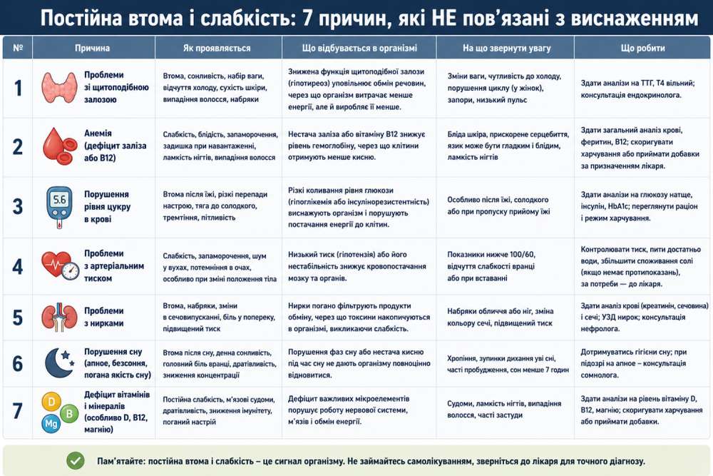 Таблиця з поясненням 7 медичних причин постійної втоми та слабкості — щитоподібна залоза, анемія, цукор, тиск, нирки, сон та дефіцит вітамінів