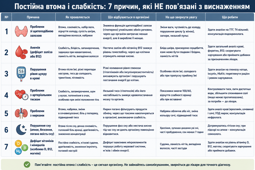 Таблиця з поясненням 7 медичних причин постійної втоми та слабкості — щитоподібна залоза, анемія, цукор, тиск, нирки, сон та дефіцит вітамінів