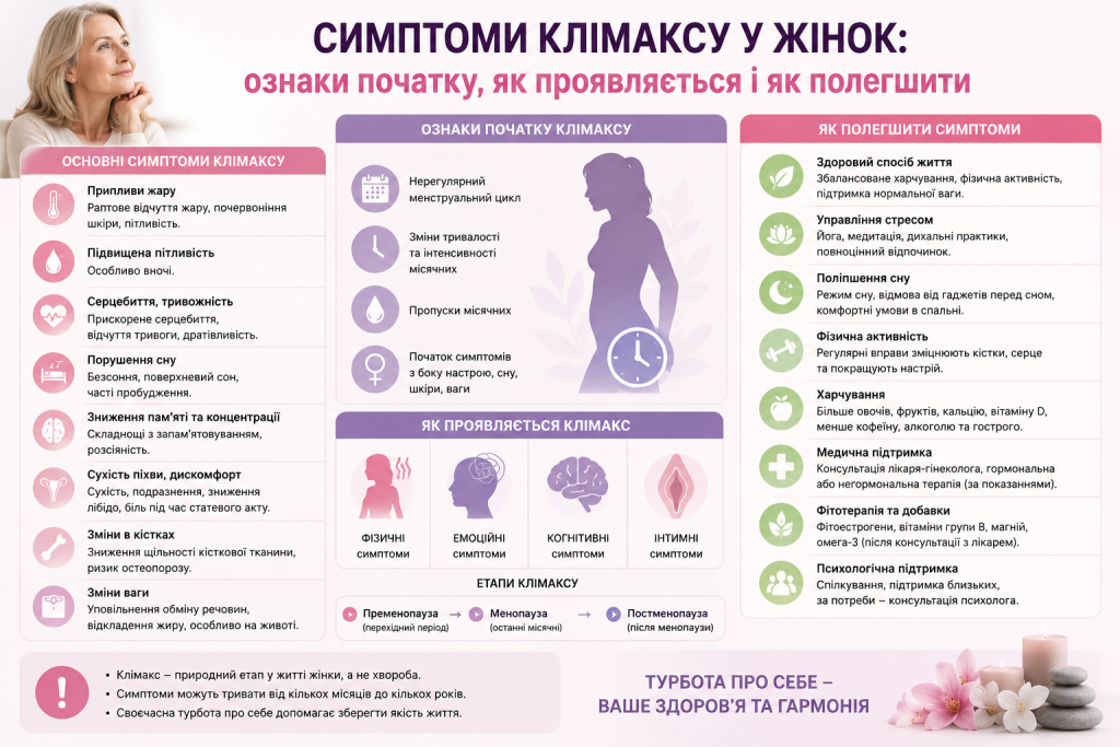 Інфографіка про симптоми клімаксу у жінок: ознаки початку, як проявляється і як полегшити стан