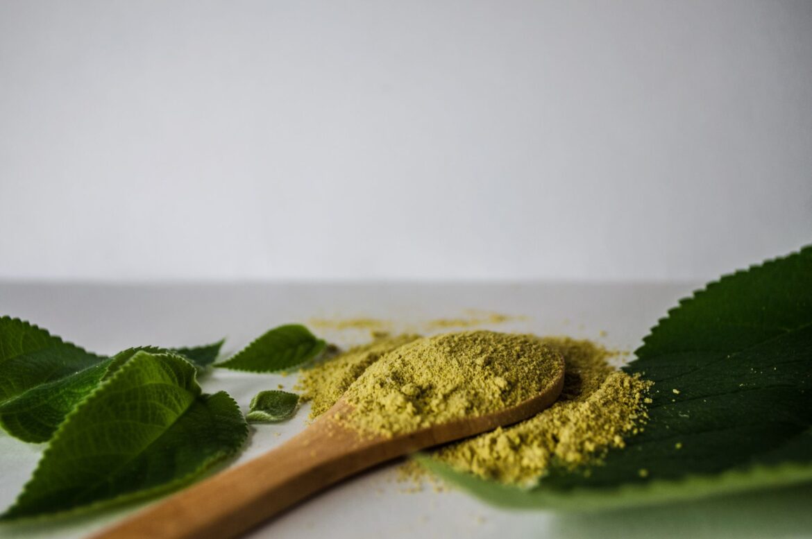 Image showcasing a close-up of herbal powder on a wooden spoon surrounded by green leaves.